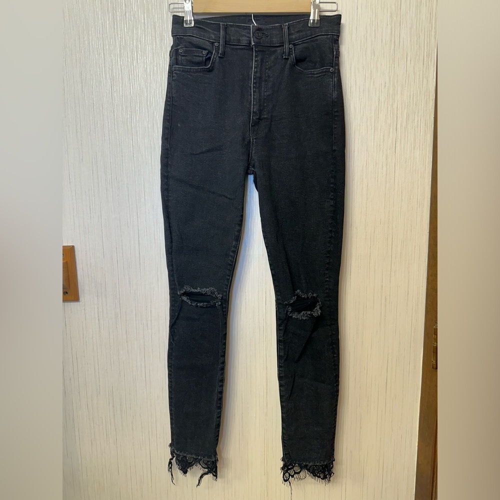 MOTHER The Swooner Dagger Black Ankle Fray Jeans Baa Baa black sheep‎